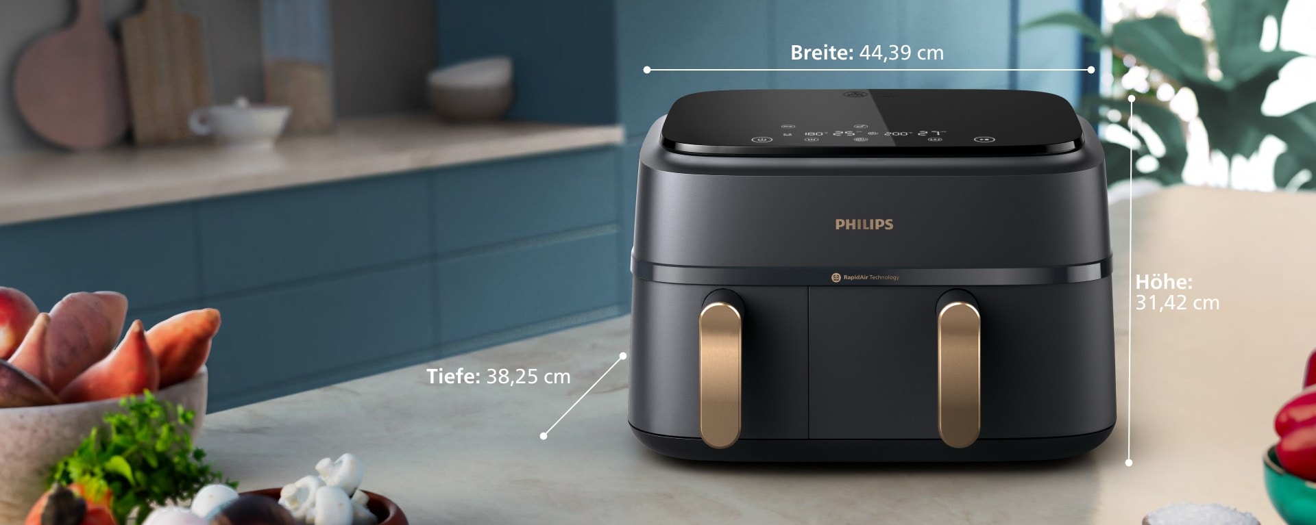 Philips mit zwei Körben steht auf der Arbeitsfläche, Abmessungen sind wie folgt beschrieben: Breite: 38,25 cm, Tiefe: 31,42 cm, Höhe: 44,39 cm