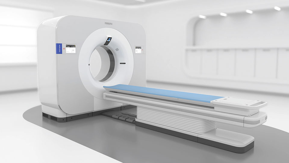 Philips Spectral CT 7500 System mit Beschriftungen zum Spektral-Detektor, Patiententisch, 80 cm Gantry-Öffnung, Touchpanel-Steuerung am Portal