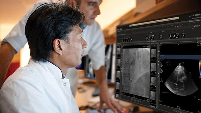 Arzt prüft Ultraschall-Scan auf Monitor des klinischen Tools