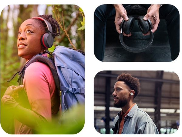 Drei Bilder, die Menschen zeigen, die verschiedene Arten von Philips Kopfhörern verwenden, einschließlich Over-Ear- und In-Ear-Modellen, in verschiedenen Umgebungen