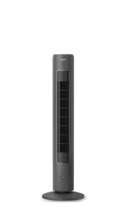 Ein großer, schwarzer Philips Tower-Ventilator 5000 Series mit einer Aromatherapie-Taste auf der Vorderseite