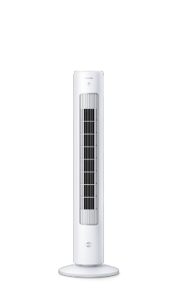 Ein großer, weißer Philips Tower-Ventilator 5000 Series mit einer Aromatherapie-Taste auf der Vorderseite.