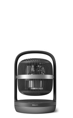 Ein kleiner schwarzer Philips Tischventilator 3000 Series mit automatischer Rotationsfunktion.