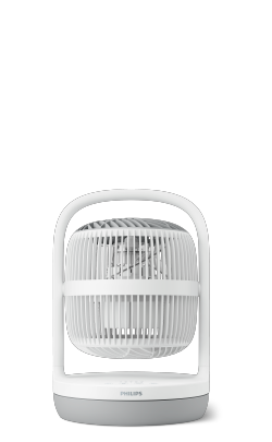 Ein kleiner Philips Tischventilator Series 3000 mit weißer Außenseite und grauer Basis.