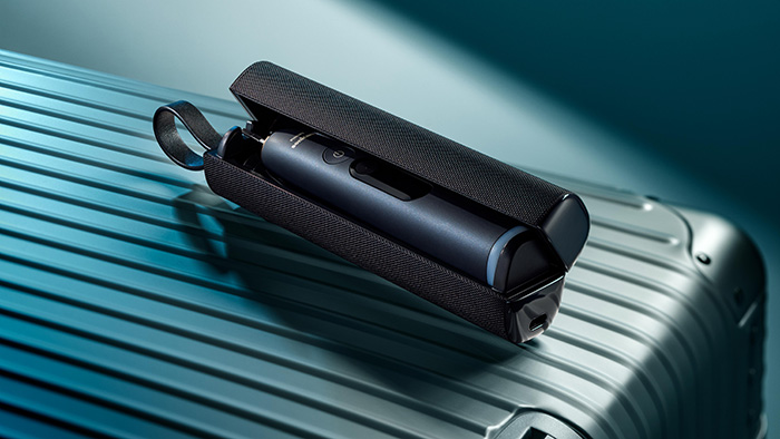 A sleek rechargeable travel case supports oral care on the go